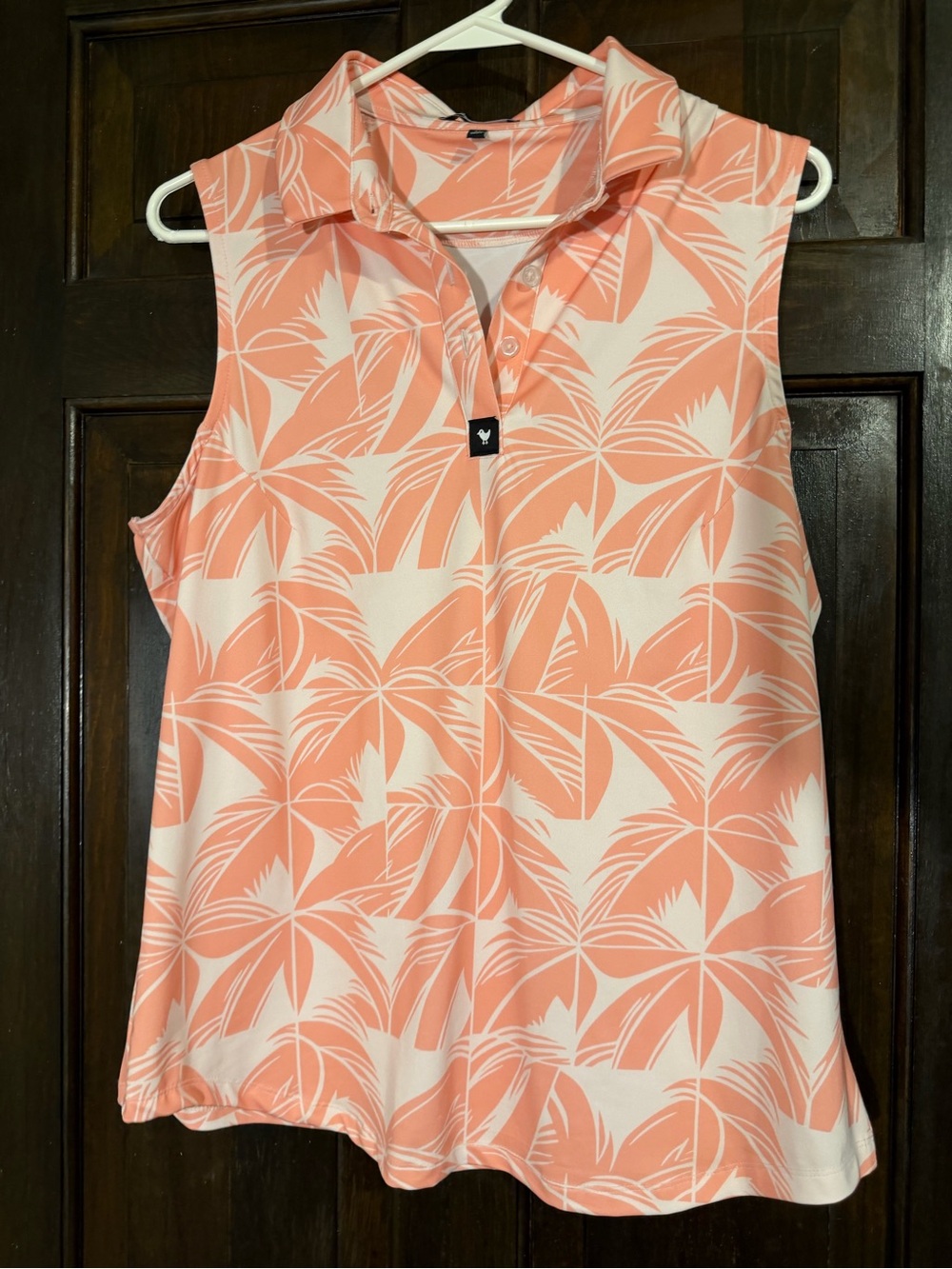 Bad Birdie Coral and Cream Palm-Print Sleeveless Polo Tank